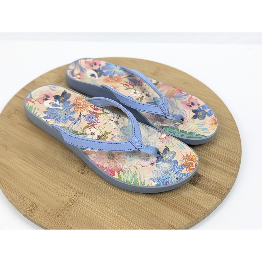Olukai Sandals Woman Size 7 Blue Floral Slip On Flip Flop Leather Summer Beach